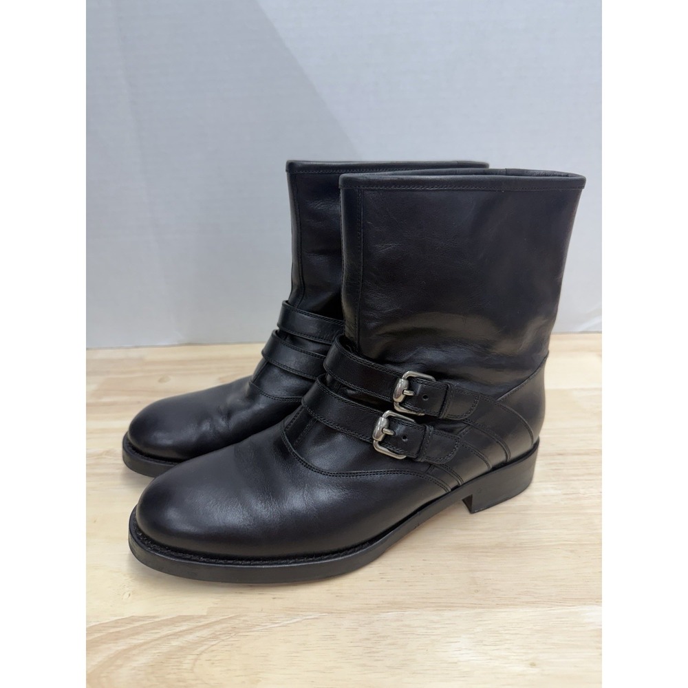 GUCCI Women's 39 Black Leather Shearling Lined Moto Boots Booties Buckle Detail